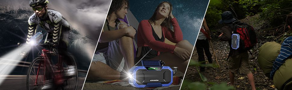 Portable Bluetooth Speaker w/Wind Up Radios AM FM – 5000mAh IPX6 Waterproof Emergency Hand Crank Weather Radio, Solar Dynamo Radio w/LED Torch, SOS Alarm, USB Cell Phone Charger (Blue)