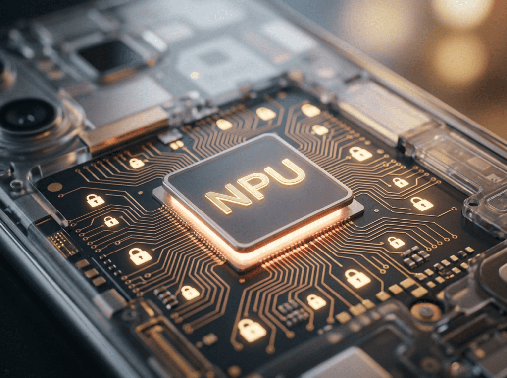 Zbliżenie na nowoczesny procesor w smartfonie z widocznym podświetlonym modułem NPU (Neural Processing Unit), symbolizujący prywatność i przetwarzanie danych bezpośrednio na urządzeniu.