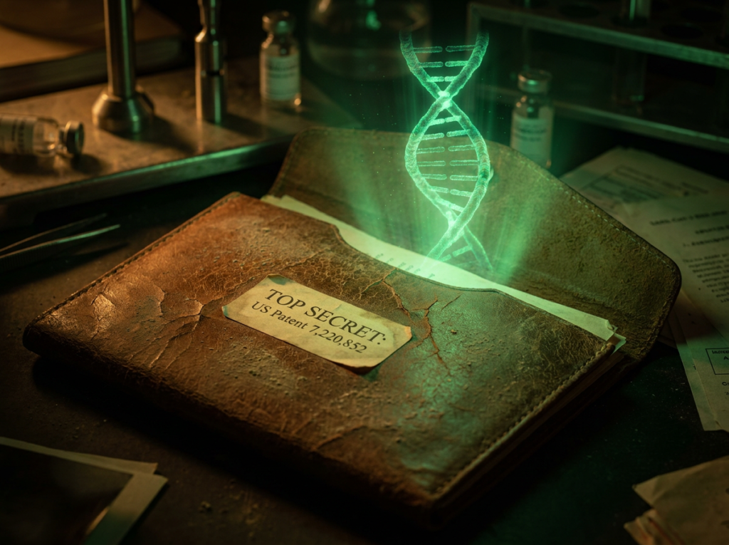 Czy WHO to przestępczy kartel Tajny folder z numerem patentu i świecącym hologramem RNA w laboratorium.