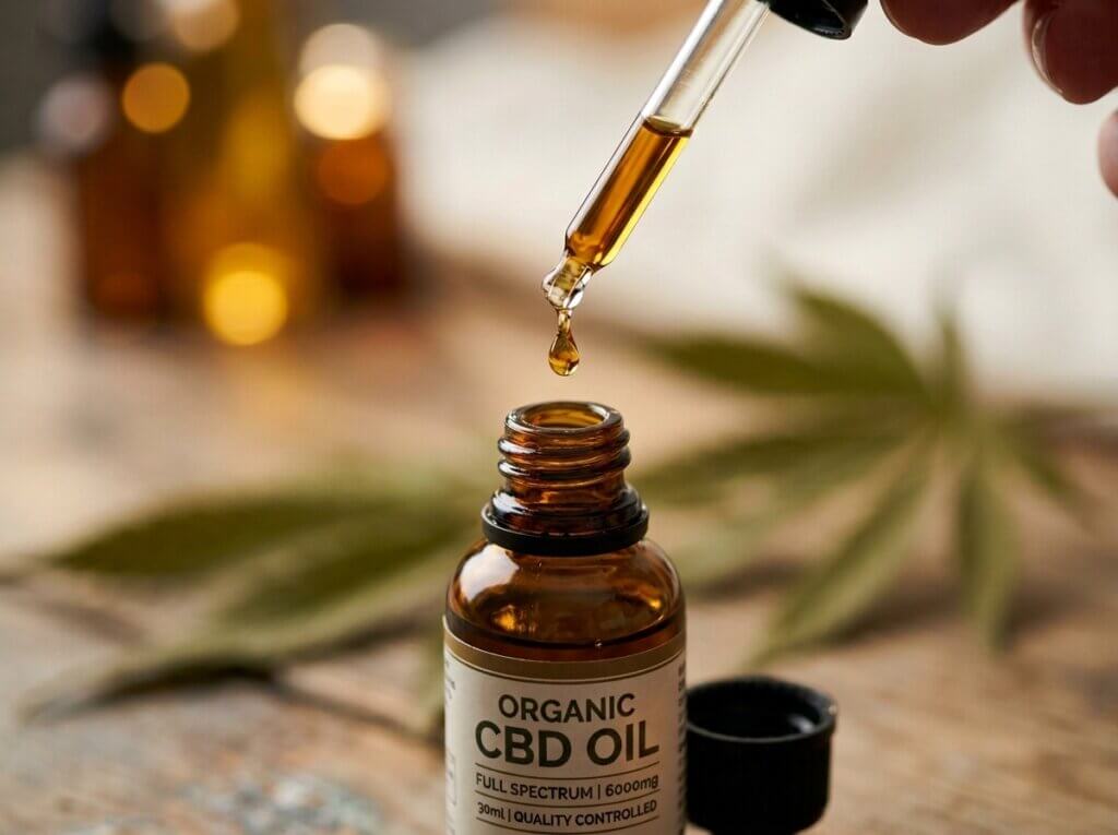 Kropla olejku CBD spadająca z zakraplacza, symbol wysokiego stężenia 6000mg