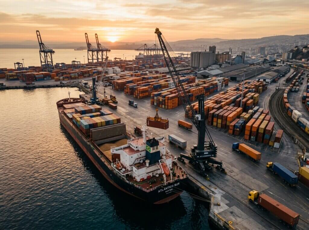 Statek towarowy załadowany zbożem symbolizujący globalny handel Mercosur