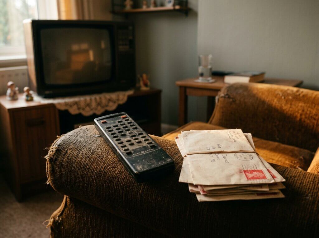 Nieopłacony abonament TV BBC — stos listów windykacyjnych obok telewizora