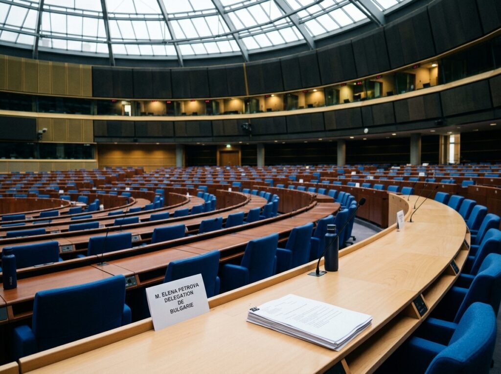 Pusta sala obrad europejskiego parlamentu, ilustracja braku wiążącego prawa o geoinżynierii w UE i Niemczech
