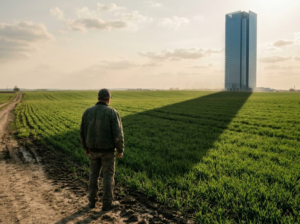Rolnik na polu w cieniu wieżowca korporacji, symbol nierównej walki o dostęp do nasion